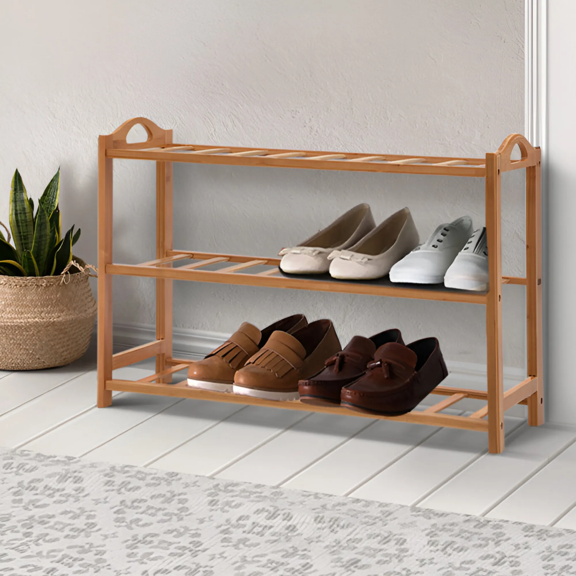 3-Tier Free Standing Bamboo Wood Shoe Rack Sn-019
