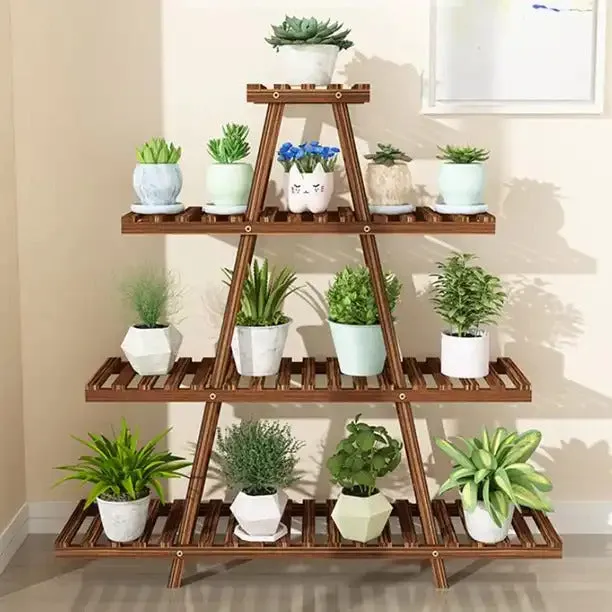 41"Carbonized Wooden Triangular 4-Tier Plant Stand