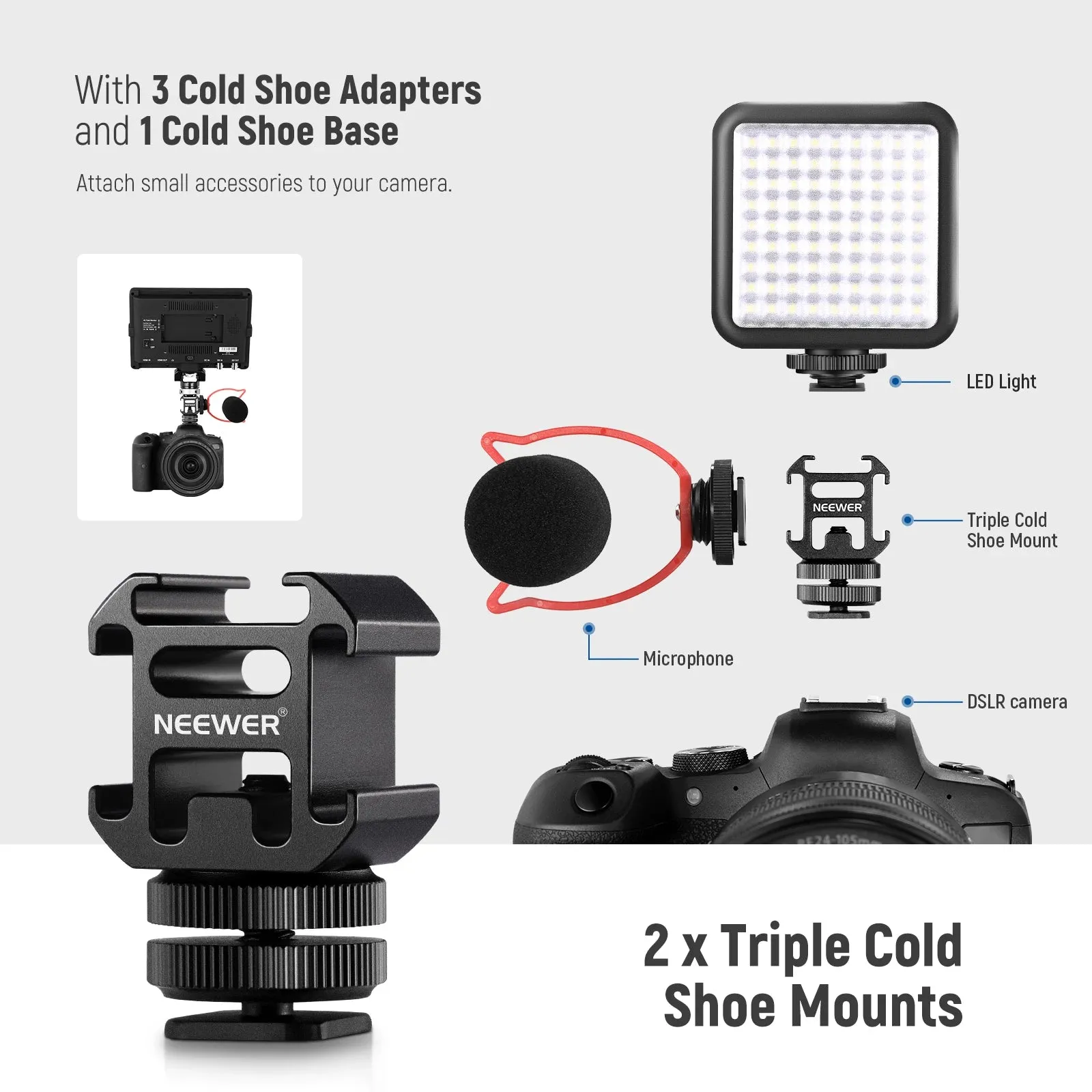 8 Piece Hot Shoe Mount Adapter Kit for Dslr Camera Triple Cold Shoe Mount for Led Light Microphone Stand and Monitor