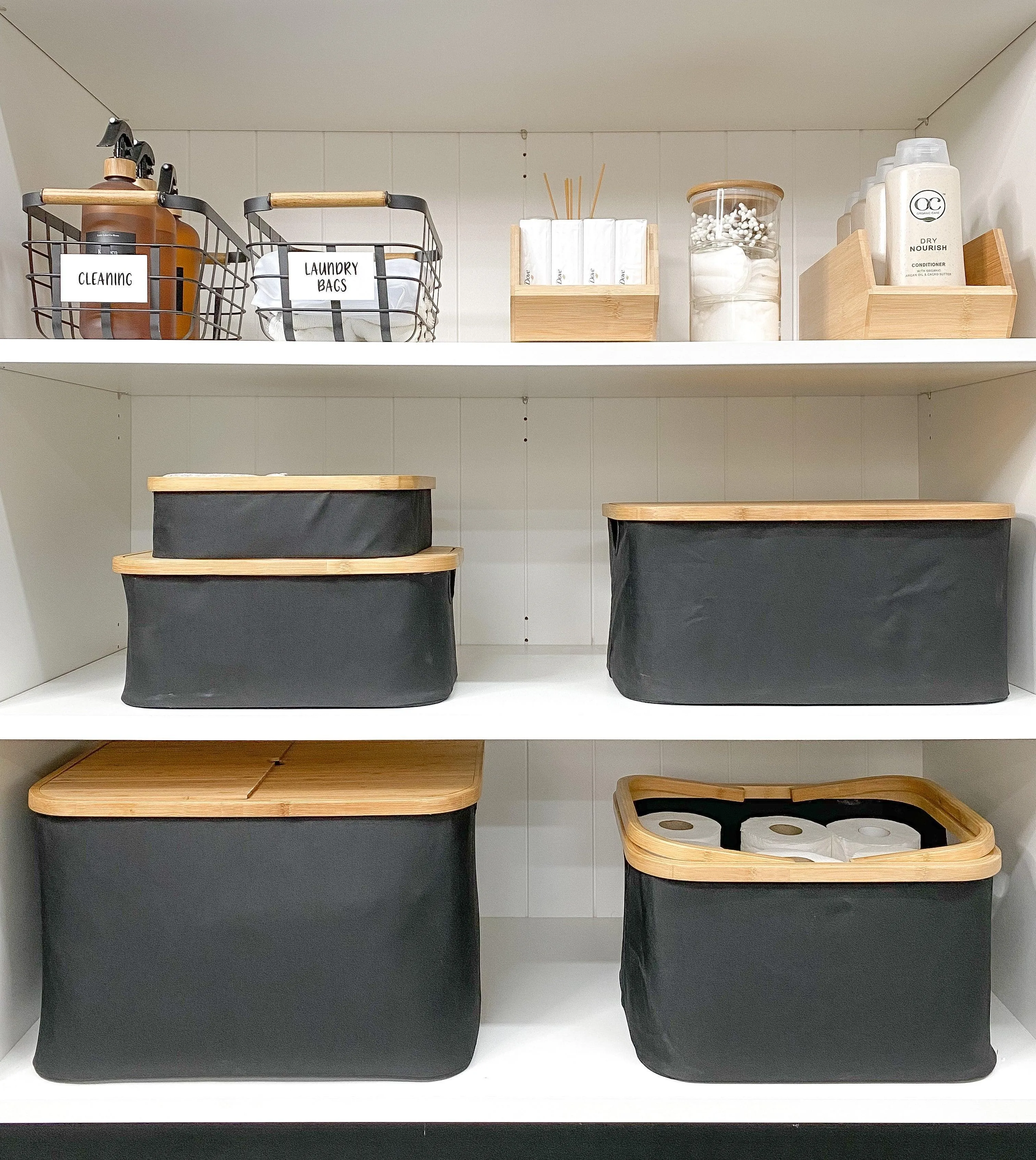 Black Fabric Bamboo Linen Storage Basket - Large