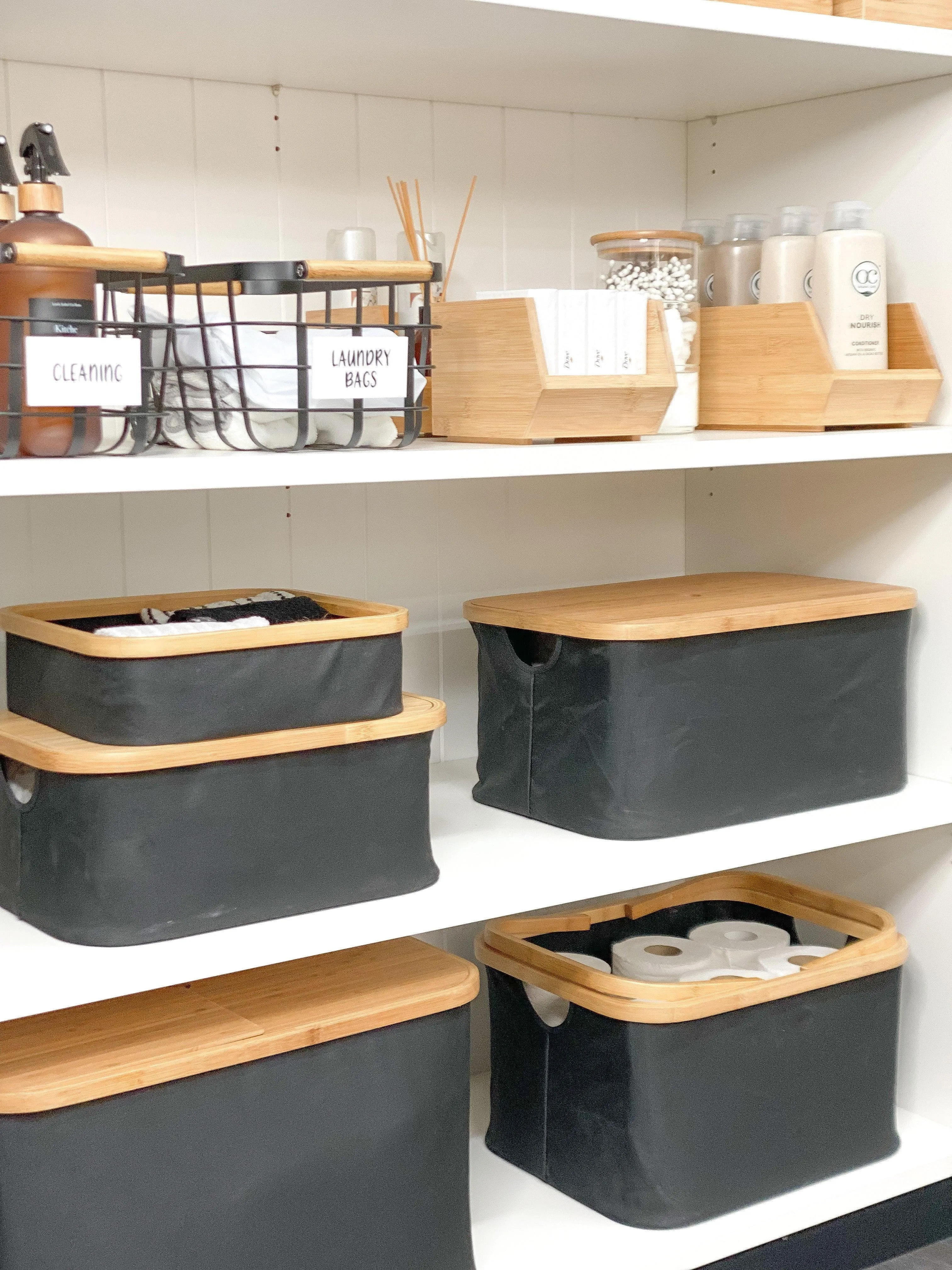 Black Fabric Bamboo Linen Storage Basket - Large