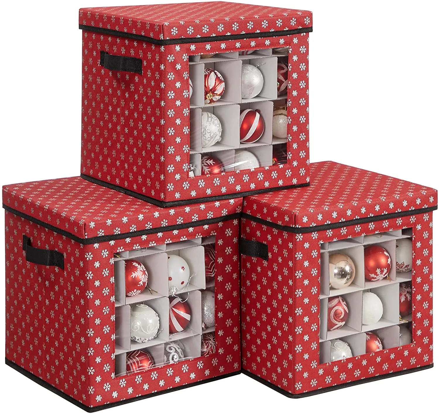 Christmas Ornament Storage, Holds 192 Holiday Ornaments, with Lid, Adjustable Dividers, 2 Handles