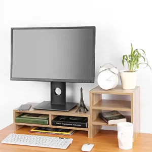 Computer Monitor Stand Riser, Wooden Laptop TV Computer Stand Desktop Drawers Storage Organizer Sit Monitor Risers   3-Layer Shelf for Home Office Living Room