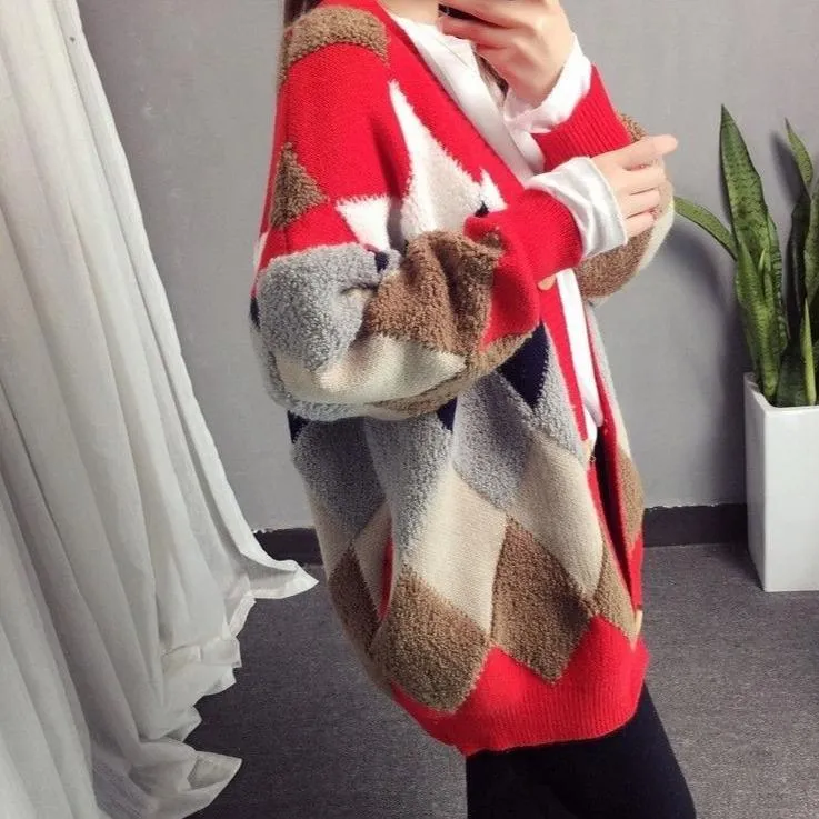 Fluffy Diamond Pattern Casual Women's Cardigan: Bold geometric prints with a tufted texture