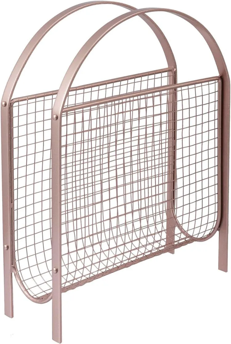 Freestanding Rose Gold Tone Metal Wire Mesh Magazine Rack, Magazine and Newspaper Basket Holder