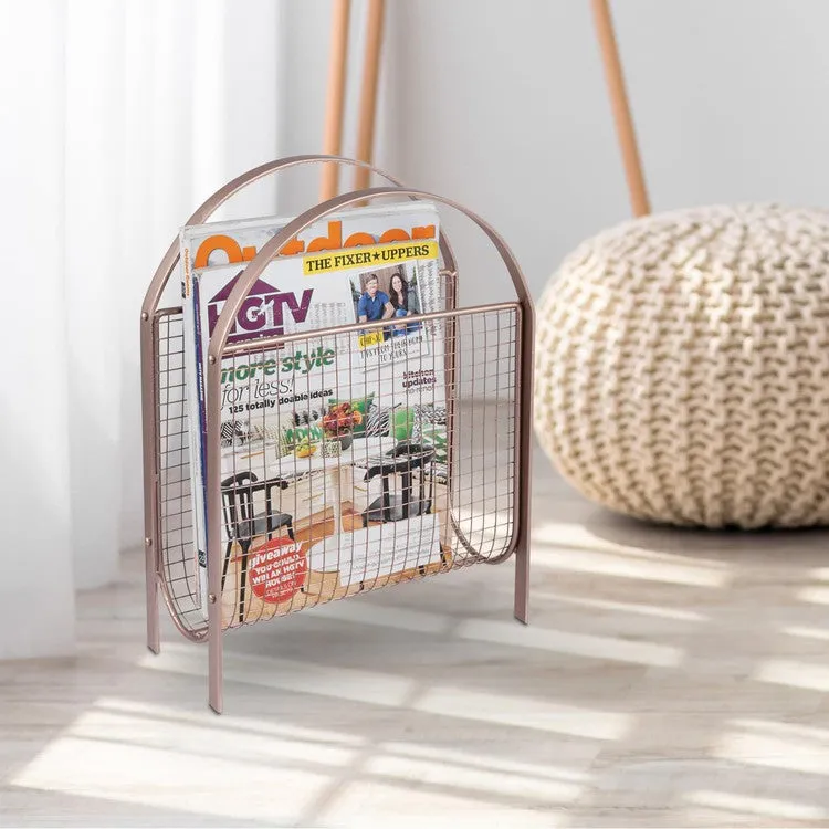 Freestanding Rose Gold Tone Metal Wire Mesh Magazine Rack, Magazine and Newspaper Basket Holder