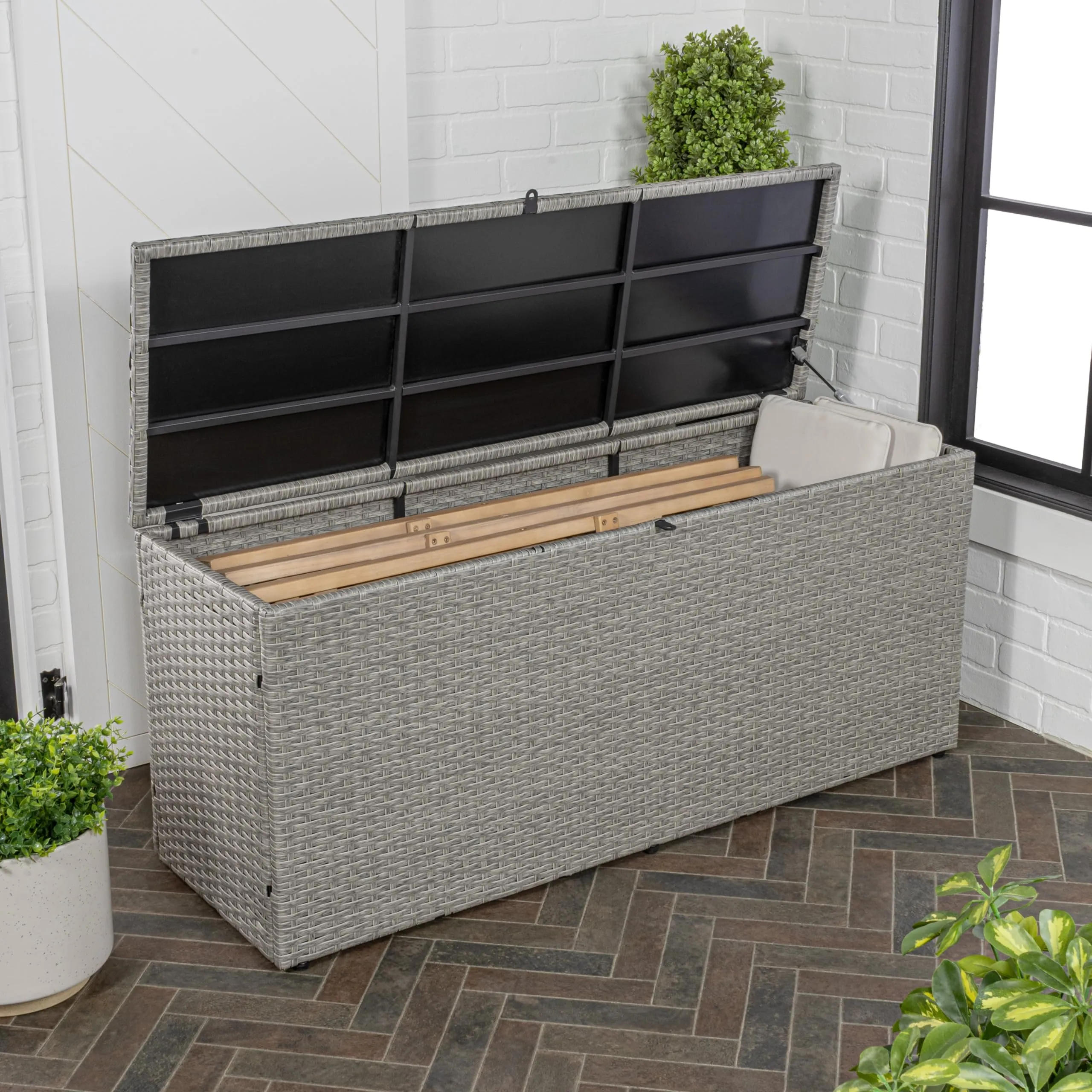 happimess TRK1000A Nino 31.5" Storage Box, Faux Wicker, Soft-Close, Gray.