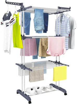 homidec Clothes Drying Rack, Oversized 4-Tier(67.7" High) Foldable Stainless Steel Drying Rack Clothing, Movable Drying Rack with 4 castors, 24 Drying Poles & 14 Hooks for Bed Linen, Clothing, Grey