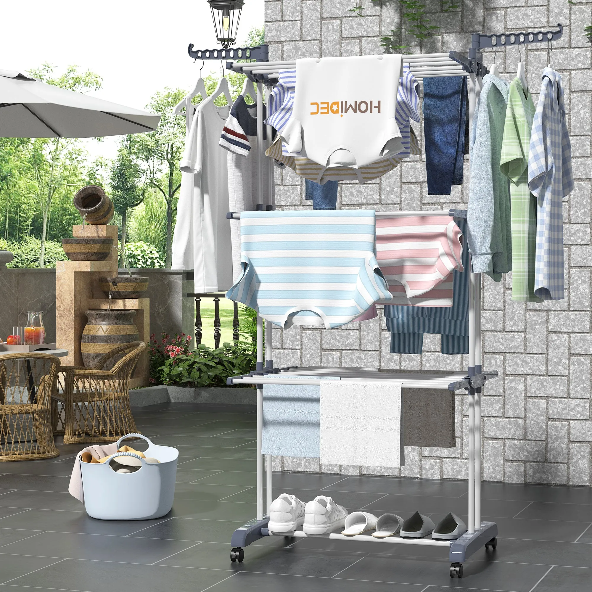 homidec Clothes Drying Rack, Oversized 4-Tier(67.7" High) Foldable Stainless Steel Drying Rack Clothing, Movable Drying Rack with 4 castors, 24 Drying Poles & 14 Hooks for Bed Linen, Clothing, Grey