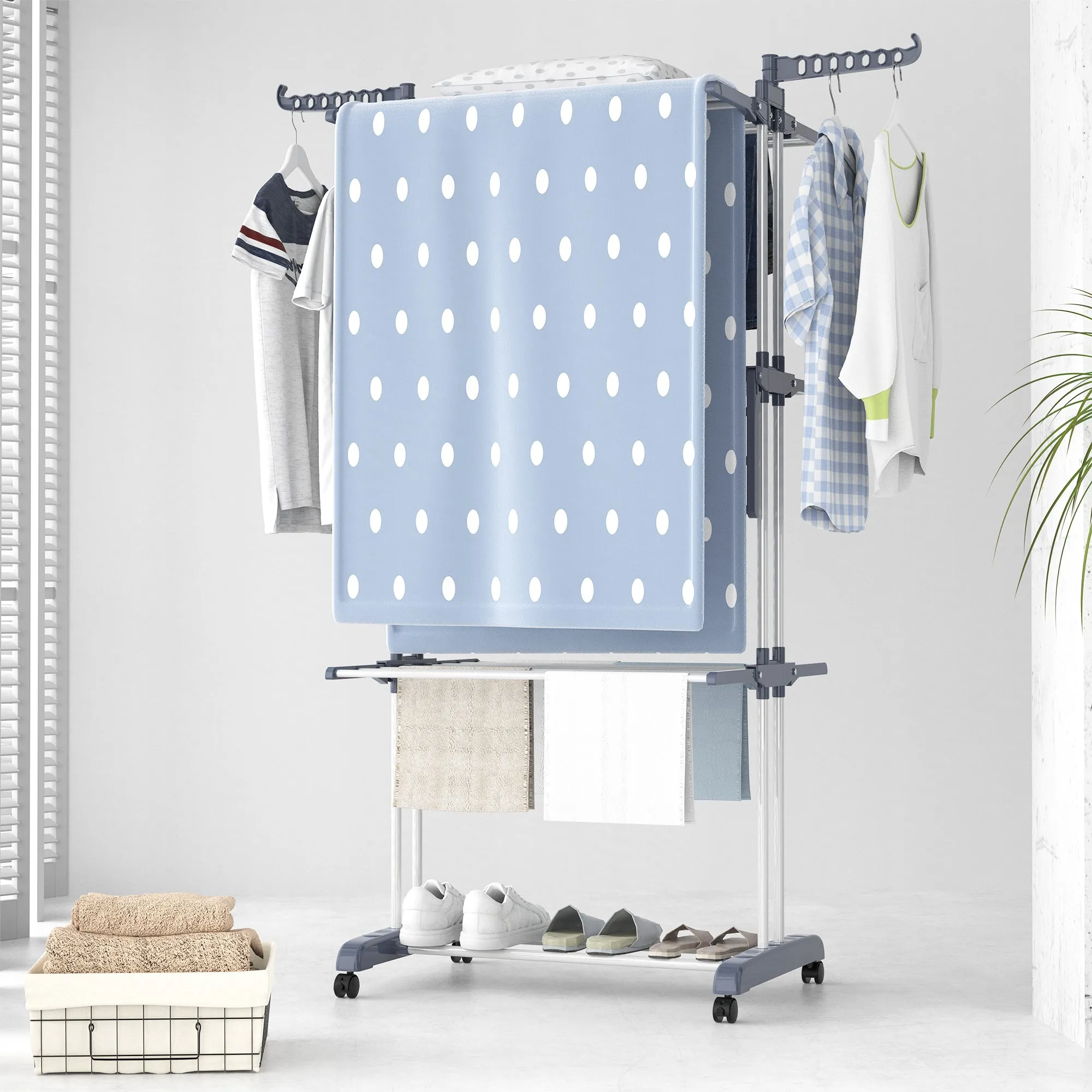 homidec Clothes Drying Rack, Oversized 4-Tier(67.7" High) Foldable Stainless Steel Drying Rack Clothing, Movable Drying Rack with 4 castors, 24 Drying Poles & 14 Hooks for Bed Linen, Clothing, Grey