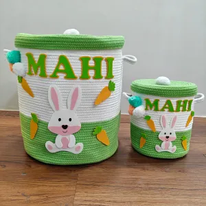 Jute Cotton Storage Basket  with Lid -Bunny Bounty
