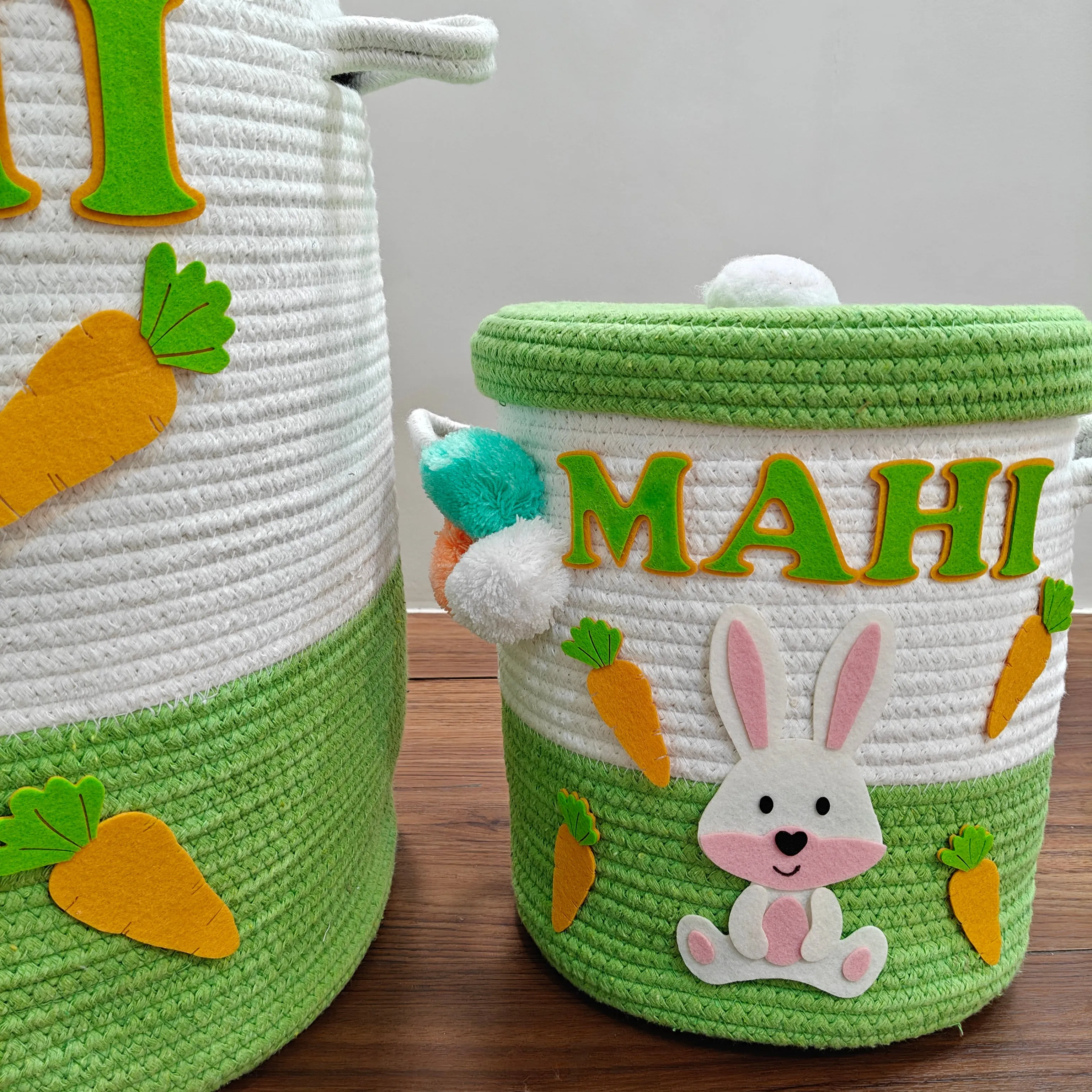 Jute Cotton Storage Basket  with Lid -Bunny Bounty