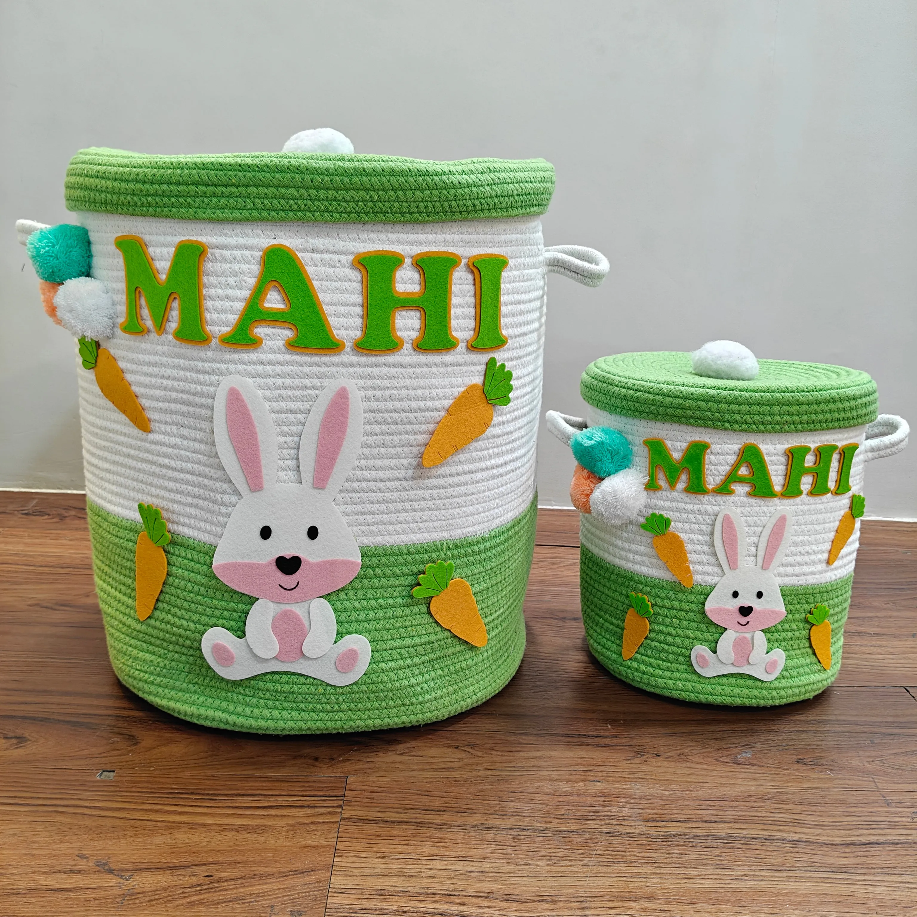Jute Cotton Storage Basket  with Lid -Bunny Bounty