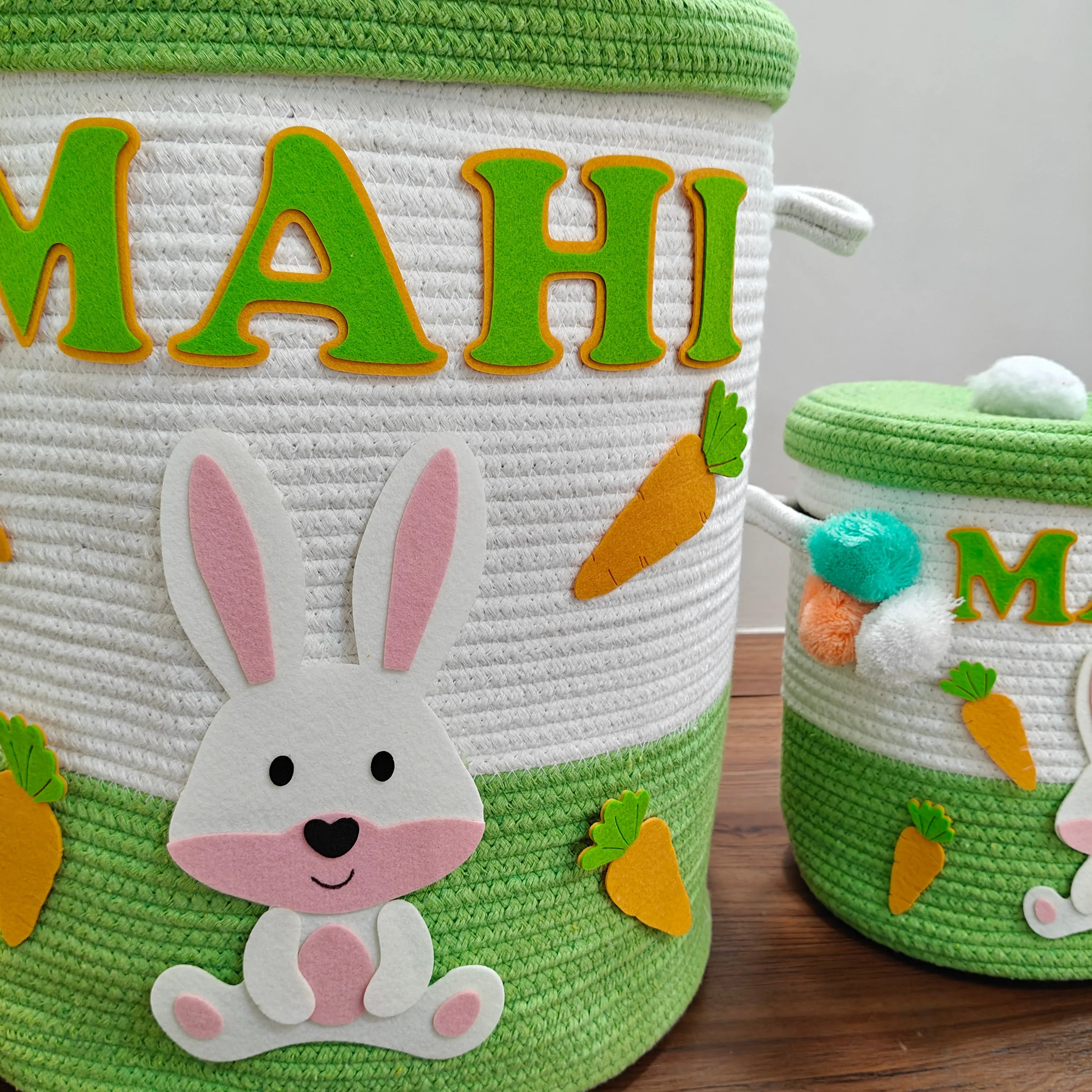 Jute Cotton Storage Basket  with Lid -Bunny Bounty