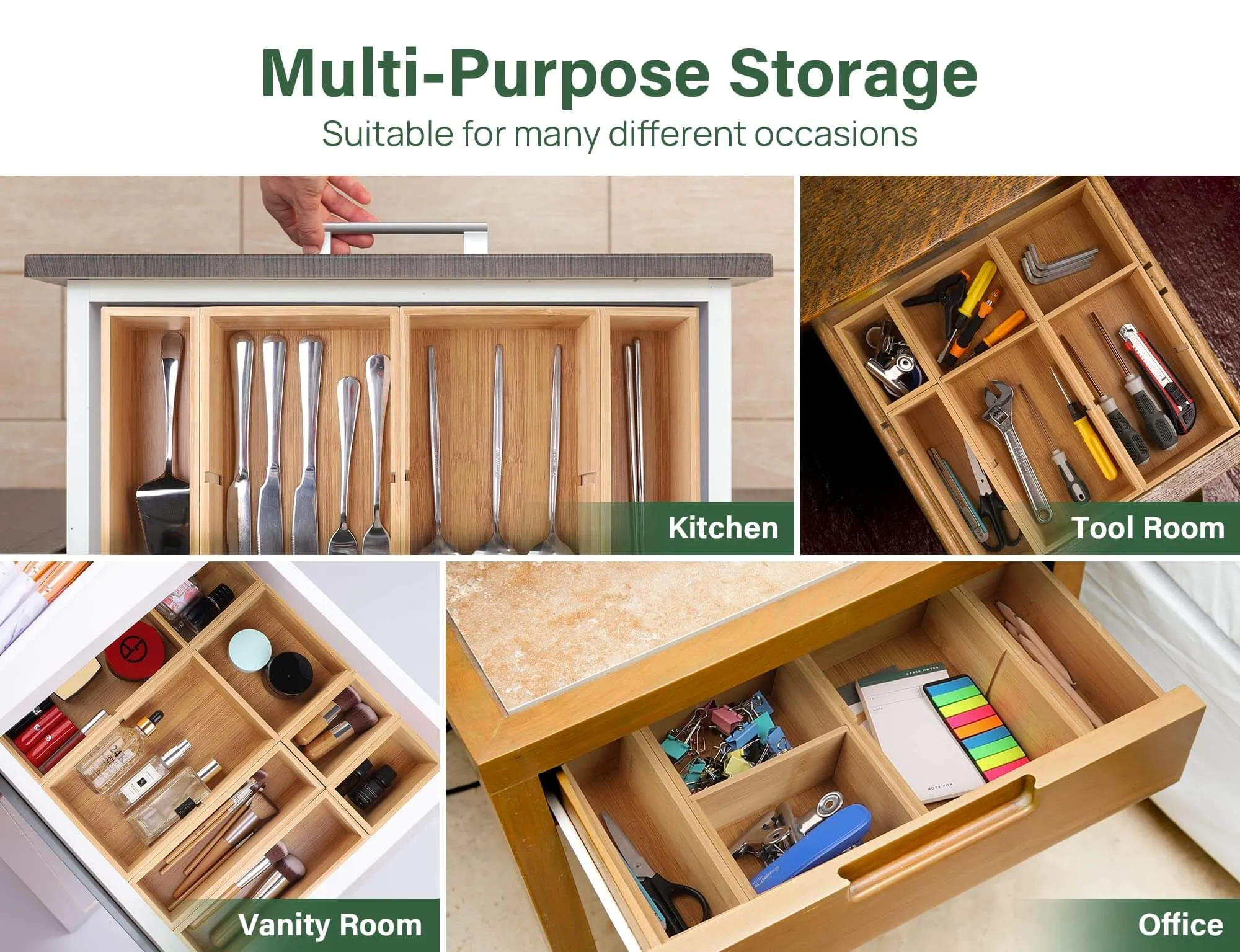 Kootek 6 Pcs Bamboo Drawer Organizer Utensil Tray Kitchen Storage Box 3-Size Versatile Dividers Cutlery Holders Bins Containers for Flatware Kitchen Utensils