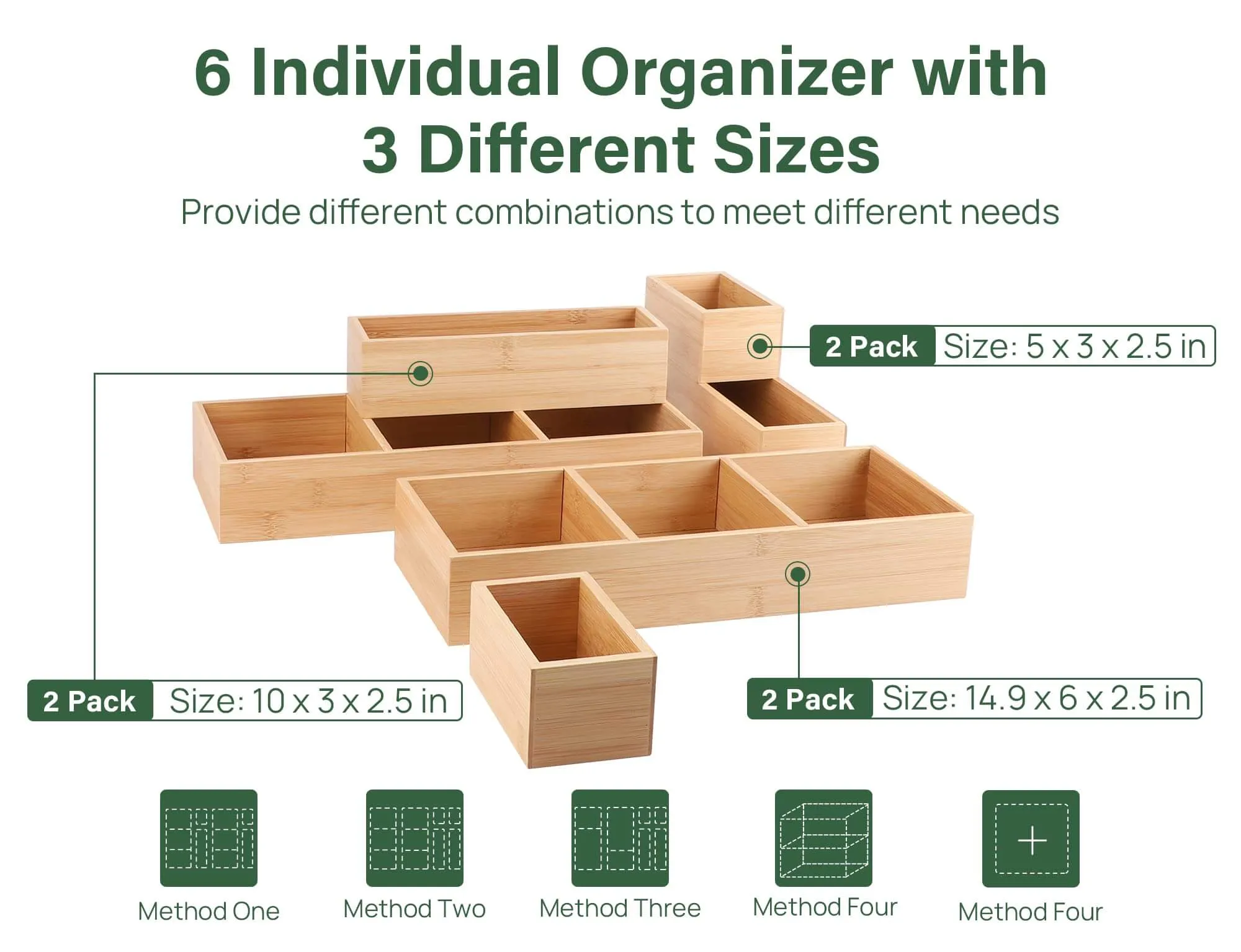 Kootek 6 Pcs Bamboo Drawer Organizer Utensil Tray Kitchen Storage Box 3-Size Versatile Dividers Cutlery Holders Bins Containers for Flatware Kitchen Utensils