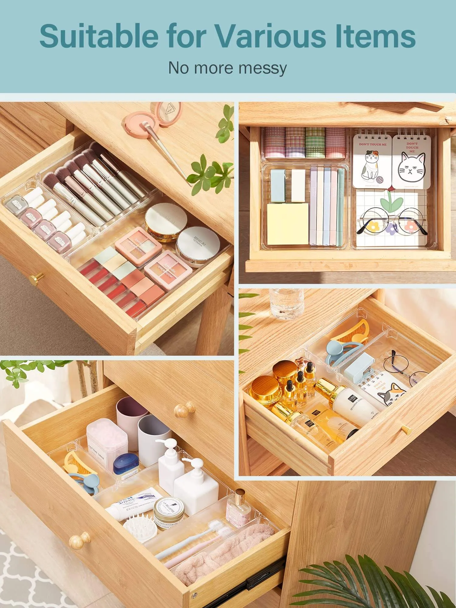 Kootek 9 Pcs Drawer Organizer 4-Size Bathroom Drawer Organizers Clear Plastic Desk Storage Bins Vanity Makeup Drawer Dividers for Jewelry Dresser Bedroom Kitchen Gadgets Office (Clear)