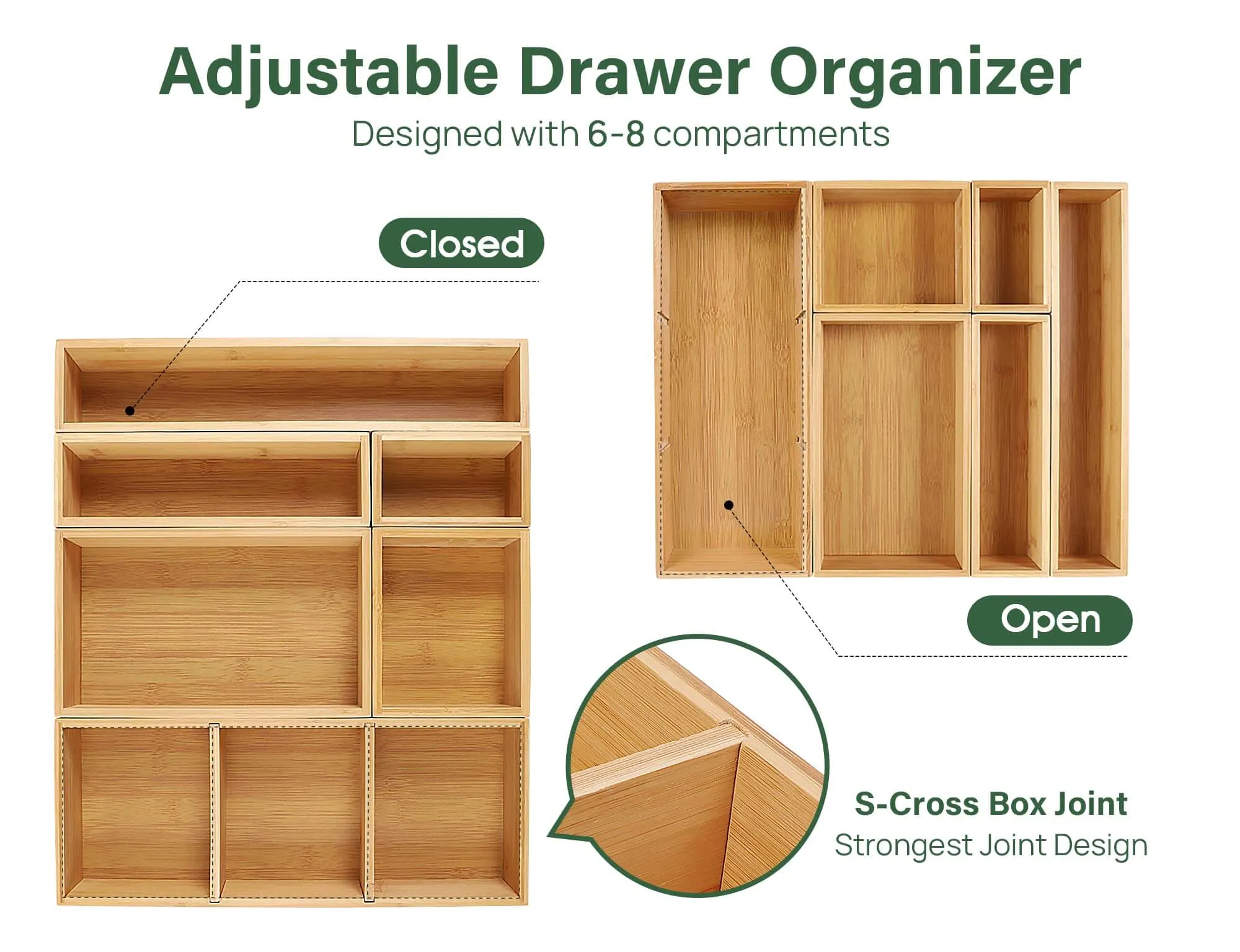 Kootek Kitchen Drawer Organizer for Utensils, 6 Pcs 8 Grid Silverware Tray Bamboo Drawer Organizers Cutlery Storage with Removable Dividers for Pantry Closet Desk Office