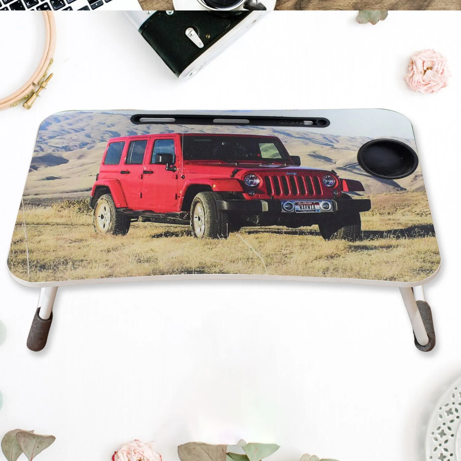 Multi-Purpose Laptop Desk for Study and Reading with Foldable, Cupholder & Drawer (1 Pc / Mix Catoon Design / 5838 Cm)